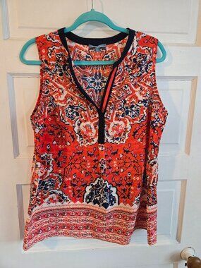 Fleur Bleue Coral & Navy Medallion Boho Sleeveless Blouse - Size L